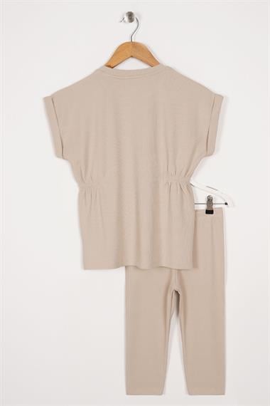Bisiklet Yaka Bağlama Detaylı Bej Renk Kız Çocuk Taylı Takım