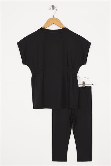 Bisiklet Yaka Bağlama Detaylı Siyah Renk Kız Çocuk Taylı Takım