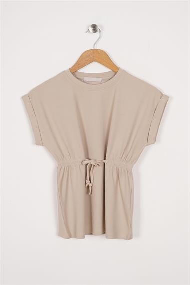 Bisiklet Yaka Bağlama Detaylı Bej Renk Kız Çocuk Taylı Takım