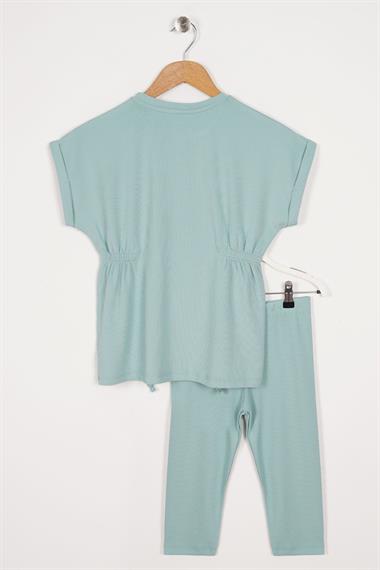 Bisiklet Yaka Bağlama Detaylı Çağla Yeşili Renk Kız Çocuk Taylı Takım