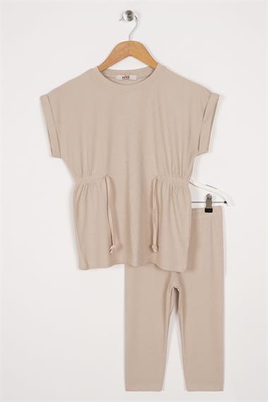 Bisiklet Yaka Bağlama Detaylı Bej Renk Kız Çocuk Taylı Takım