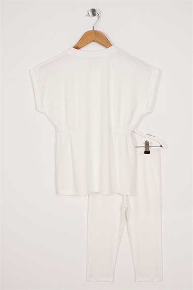 Bisiklet Yaka Bağlama Detaylı Ekru Renk Kız Çocuk Taylı Takım