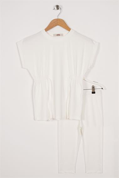 Bisiklet Yaka Bağlama Detaylı Ekru Renk Kız Çocuk Taylı Takım