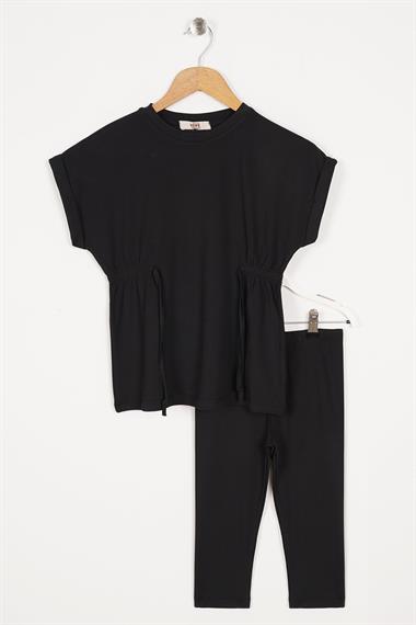 Bisiklet Yaka Bağlama Detaylı Siyah Renk Kız Çocuk Taylı Takım