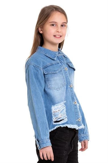Gömlek Yaka Uzun Kol Sırt Kısmı Kelebek Nakışlı Mavi Renk Kız Çocuk Jean Ceket
