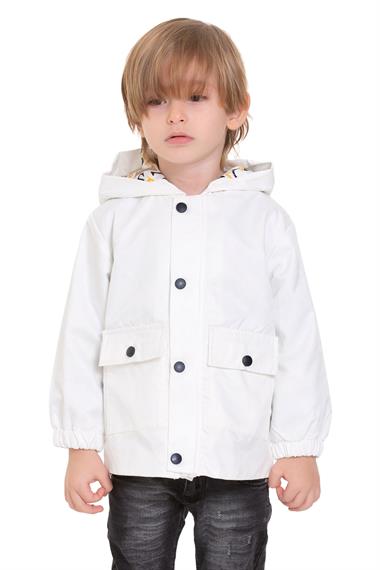 Kapüşonlu Uzun Kol Ayı Baskılı Beyaz Renk Erkek Çocuk Yağmurluk