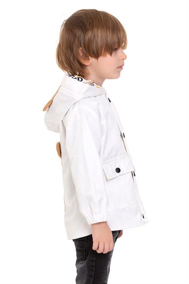 Kapüşonlu Uzun Kol Ayı Baskılı Beyaz Renk Erkek Çocuk Yağmurluk