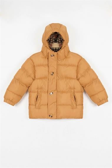 Kapüşonlu Uzun Kol Düğmeli Fermuarlı Hardal Renk Erkek Çocuk Mont