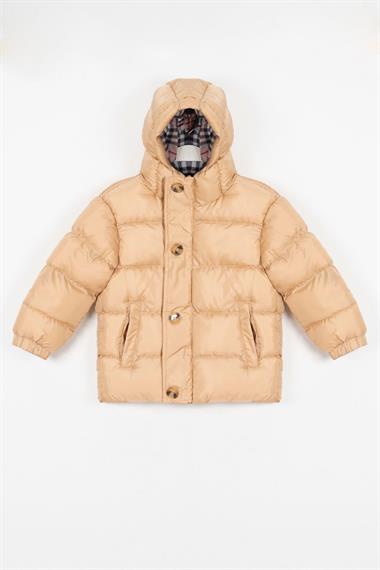 Kapüşonlu Uzun Kol Düğmeli Fermuarlı Krem Renk Erkek Çocuk Mont