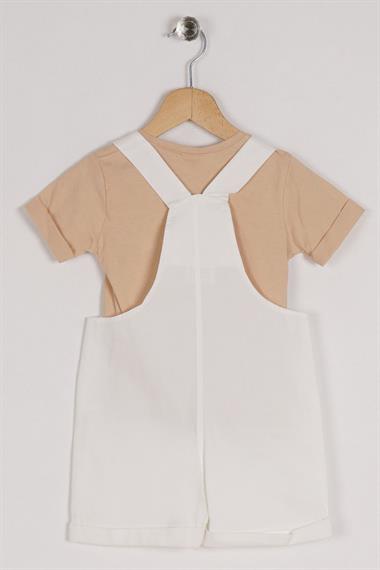 Askılı Kısa Kol Ayı Baskılı Beyaz Renk Erkek Çocuk Tshirt Salopet Takım