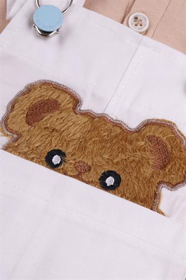 Askılı Kısa Kol Ayı Baskılı Beyaz Renk Erkek Çocuk Tshirt Salopet Takım