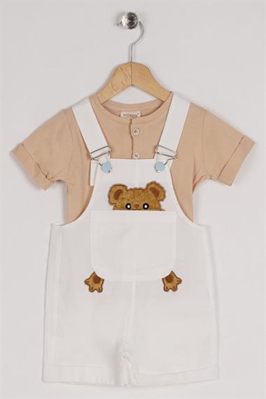 Askılı Kısa Kol Ayı Baskılı Beyaz Renk Erkek Çocuk Tshirt Salopet Takım