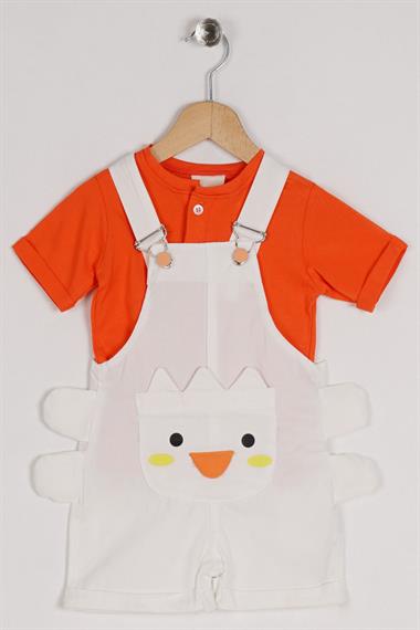 Bisiklet Yaka Kısa Kol Civciv Figürlü Cepli Beyaz Renk Erkek Çocuk Şortlu Salopet