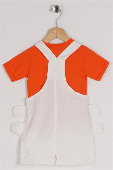 Bisiklet Yaka Kısa Kol Civciv Figürlü Cepli Beyaz Renk Erkek Çocuk Şortlu Salopet