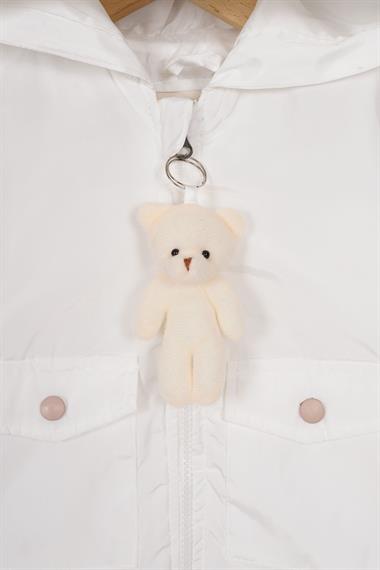 Kapüşonlu Uzun Kol Fermuarlı Ayıcık Aksesuarlı Beyaz Renk Erkek Çocuk Yağmurluk