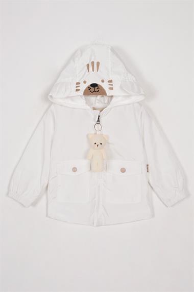 Kapüşonlu Uzun Kol Fermuarlı Ayıcık Aksesuarlı Beyaz Renk Erkek Çocuk Yağmurluk