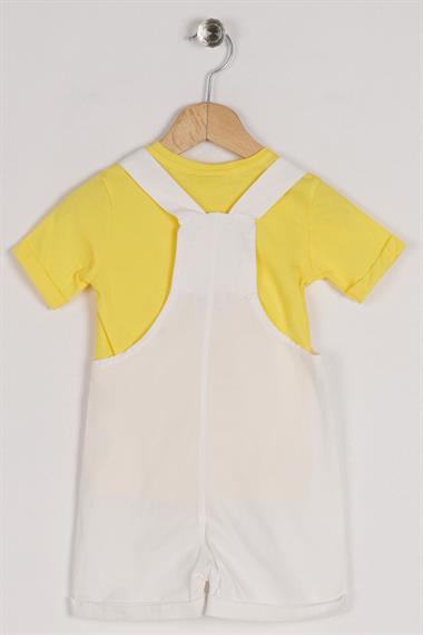 Bisiklet Yaka Kısa Kol Panda Figürlü İçi Tshirtlü Beyaz Renk Erkek Çocuk Şortlu Salopet