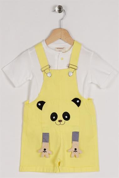 Bisiklet Yaka Kısa Kol Panda Figürlü İçi Tshirtlü Sarı Renk Erkek Çocuk Şortlu Salopet