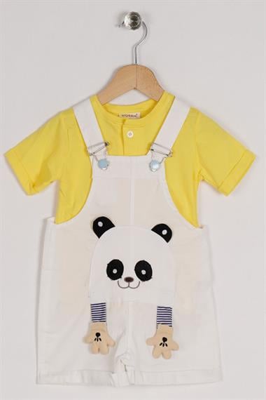 Bisiklet Yaka Kısa Kol Panda Figürlü İçi Tshirtlü Beyaz Renk Erkek Çocuk Şortlu Salopet