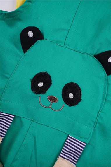 Bisiklet Yaka Kısa Kol Panda Figürlü İçi Tshirtlü Koyu Yeşil Renk Erkek Çocuk Şortlu Salopet