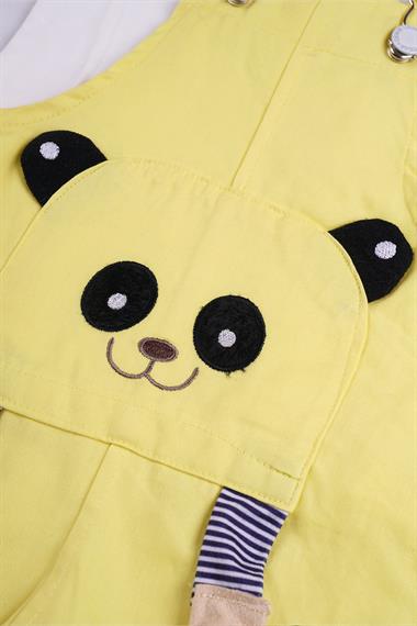 Bisiklet Yaka Kısa Kol Panda Figürlü İçi Tshirtlü Sarı Renk Erkek Çocuk Şortlu Salopet