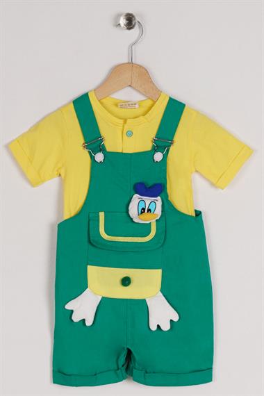 Askılı Donald Figürlü Cep Detaylı Koyu Yeşil Renk Erkek Çocuk Şortlu Salopet