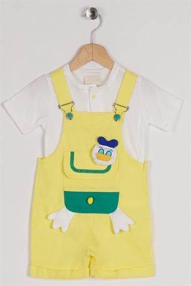 Askılı Donald Figürlü Cep Detaylı Sarı Renk Erkek Çocuk Şortlu Salopet