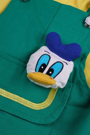 Askılı Donald Figürlü Cep Detaylı Koyu Yeşil Renk Erkek Çocuk Şortlu Salopet
