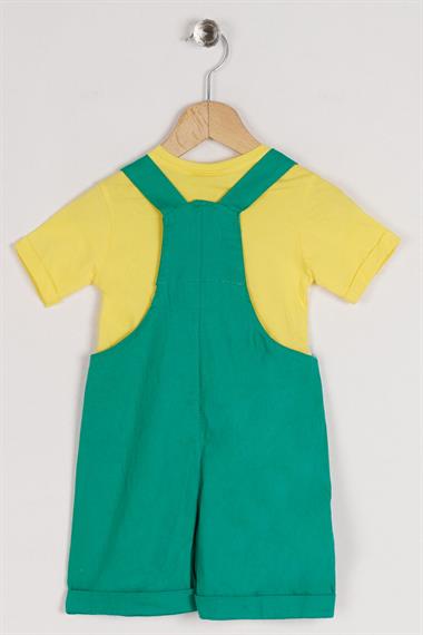 Askılı Donald Figürlü Cep Detaylı Koyu Yeşil Renk Erkek Çocuk Şortlu Salopet