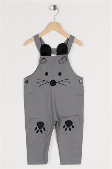 Askılı Çift Cepli Kedicik Gri Renk Erkek Çocuk Tulum