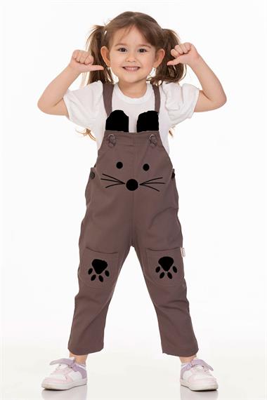 Askılı Çift Cepli Kedicik Kahverengi Renk Erkek Çocuk Tulum