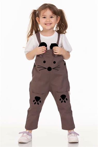 Askılı Çift Cepli Kedicik Kahverengi Renk Erkek Çocuk Tulum