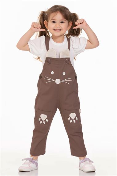 Askılı Çift Cepli Kedicik Beyaz Kahve Renk Erkek Çocuk Tulum