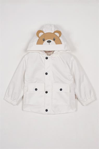 Kapüşonlu Uzun Kol Ayı Baskılı Beyaz Renk Erkek Çocuk Yağmurluk