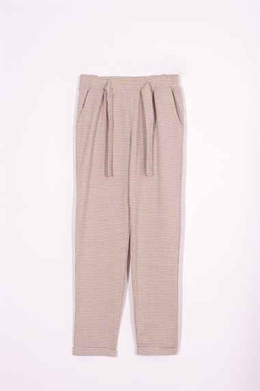 Ekose Desenli Double Paça Bej Renk Kız Çocuk Pantolon