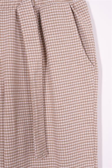 Ekose Desenli Double Paça Bej Renk Kız Çocuk Pantolon