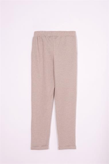 Ekose Desenli Double Paça Bej Renk Kız Çocuk Pantolon