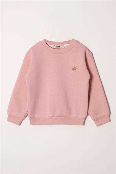 Bisiklet Yaka Uzun Kol Kalp Nakışlı Şardonlu Kız Çocuk Toz Pembe Renk Sweatshirt