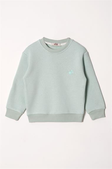 Bisiklet Yaka Uzun Kol Kalp Nakışlı Şardonlu Kız Çocuk Mint Renk Sweatshirt