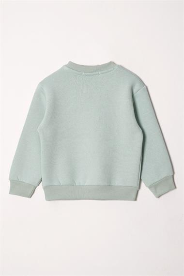 Bisiklet Yaka Uzun Kol Kalp Nakışlı Şardonlu Kız Çocuk Mint Renk Sweatshirt