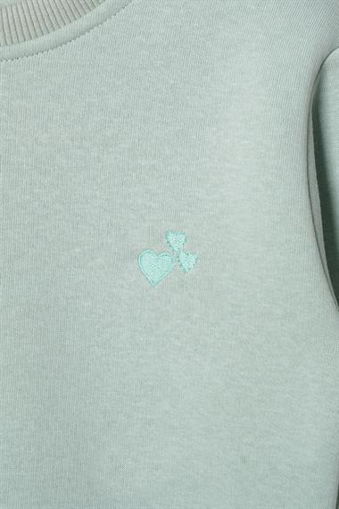 Bisiklet Yaka Uzun Kol Kalp Nakışlı Şardonlu Kız Çocuk Mint Renk Sweatshirt