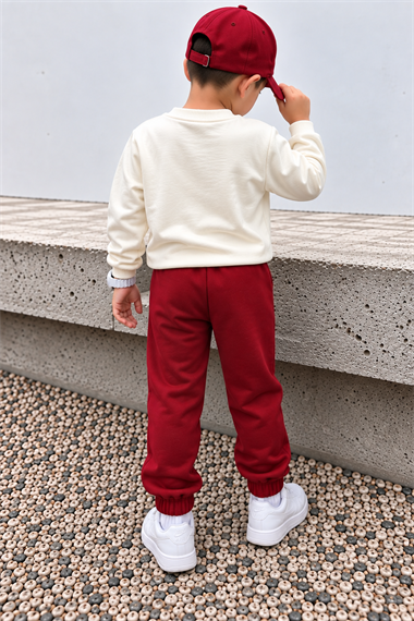 Erkek Çocuk Eşofman Takımı HELLO Ayıcık Baskılı Sweatshirt Kırmızı Spor Takım