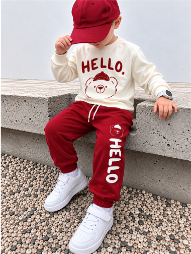 Erkek Çocuk Eşofman Takımı HELLO Ayıcık Baskılı Sweatshirt Kırmızı Spor Takım