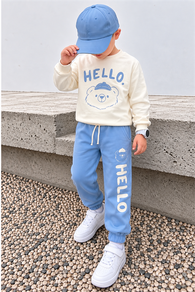 Erkek Çocuk Eşofman Takımı HELLO Ayıcık Baskılı Sweatshirt Bebe Mavisi Spor Takım