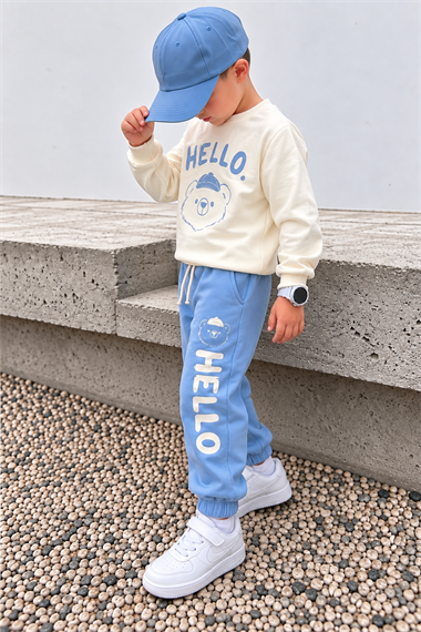 Erkek Çocuk Eşofman Takımı HELLO Ayıcık Baskılı Sweatshirt Bebe Mavisi Spor Takım