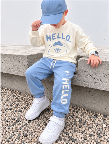 Erkek Çocuk Eşofman Takımı HELLO Ayıcık Baskılı Sweatshirt Bebe Mavisi Spor Takım