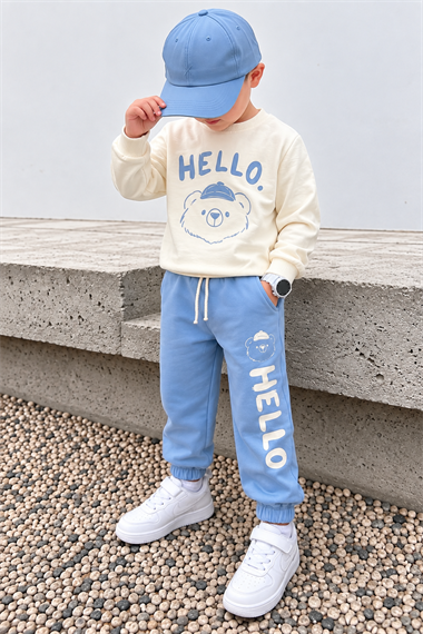 Erkek Çocuk Eşofman Takımı HELLO Ayıcık Baskılı Sweatshirt Bebe Mavisi Spor Takım