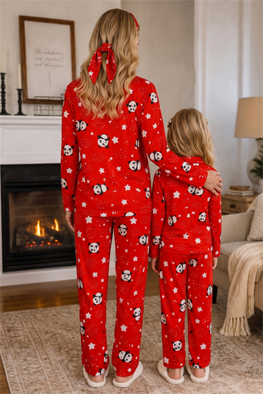Anne Kız Pijama Takımı Kırmızı Renk Panda Desenli Uzun Kollu Rahat Ev Giyim Takımı