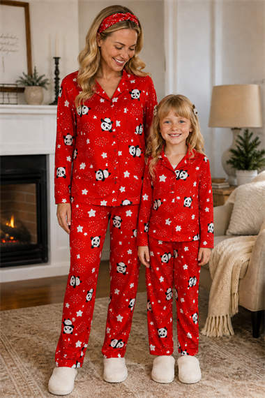 Anne Kız Pijama Takımı Kırmızı Renk Panda Desenli Uzun Kollu Rahat Ev Giyim Takımı