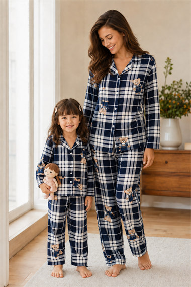Anne Kız Pijama Takımı Lacivert Ayıcık Desenli Uzun Kollu Rahat Ev Giyim Takımı